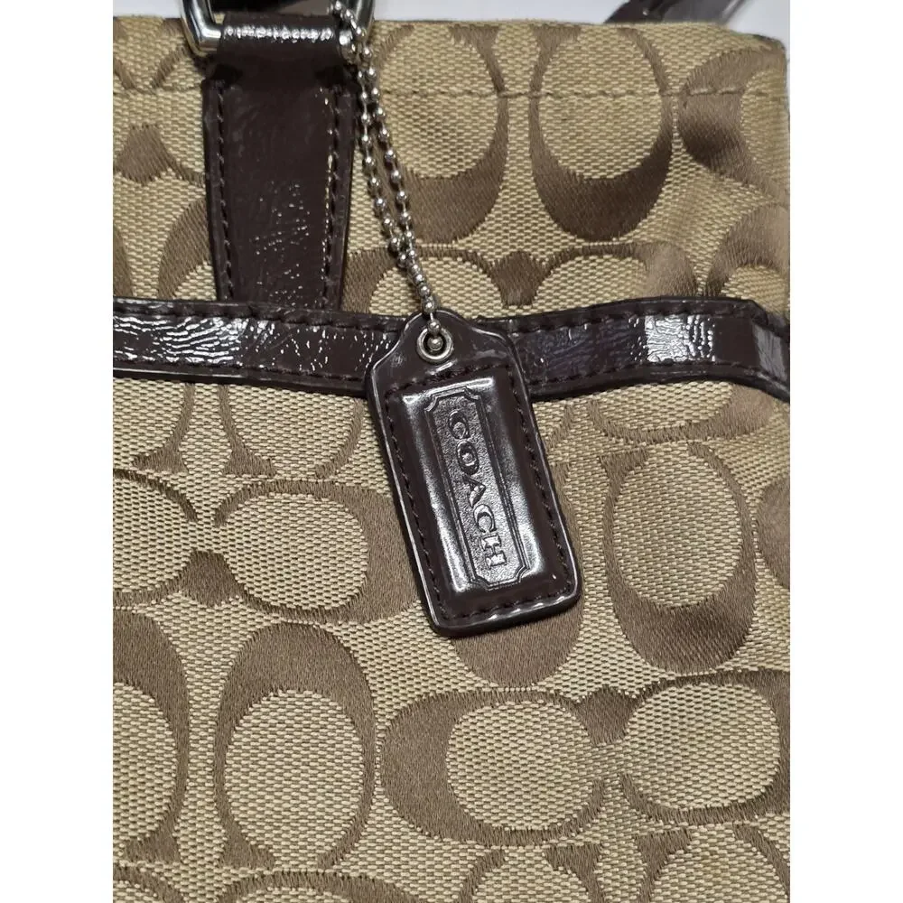 Coach Brown Signature Stripe Tote Brown Patent Leather Trim F28504 Shoulder Bag*